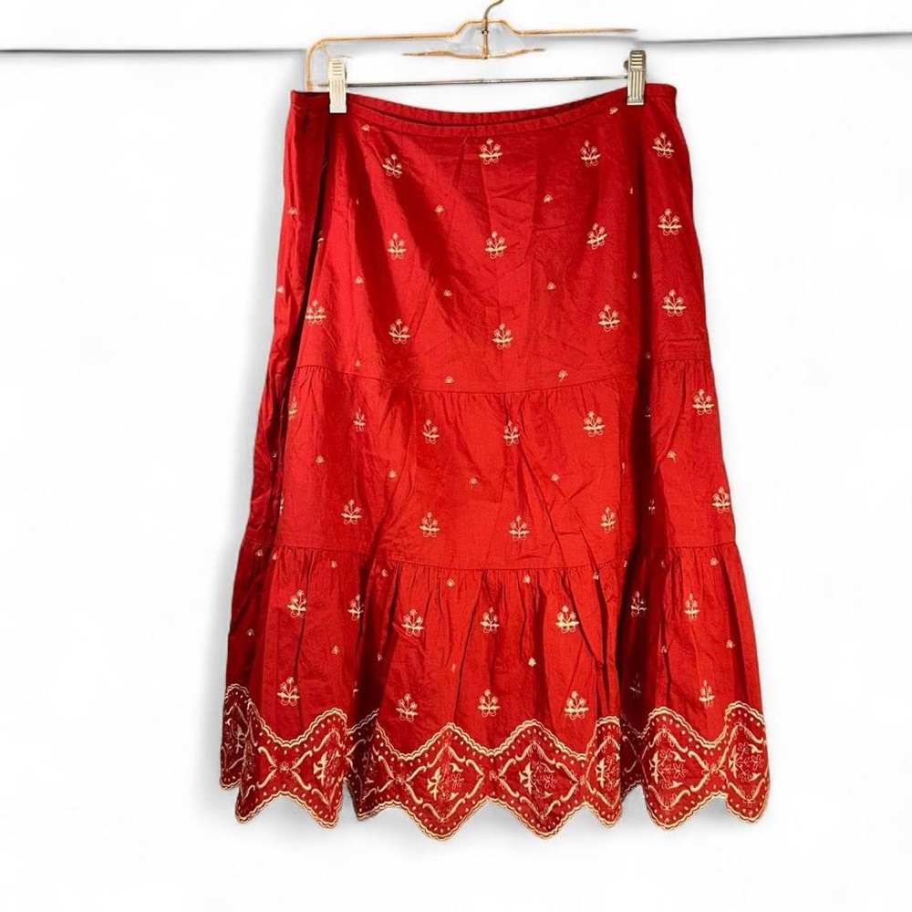 Vintage Ann Taylor Tiered Skirt Red White Embroidered Flowers Women’s 10
